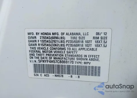 2012 Honda Pilot Ex-L from USA, damaged, VIN 5FNYF4H57CB069170